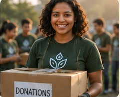 Volunteer holding donation box
